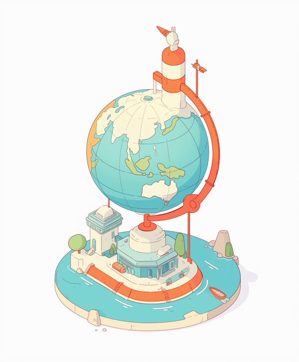 Stylized Globe with Rocket and Satellite