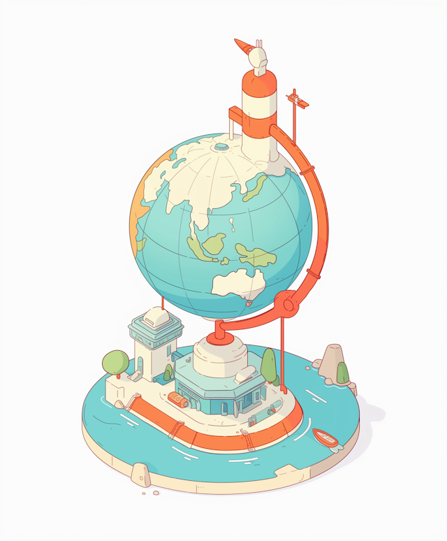 Stylized Globe with Rocket and Satellite