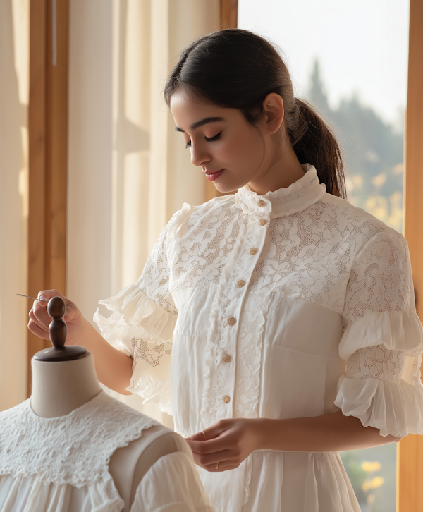 Woman Sewing Lace Garment