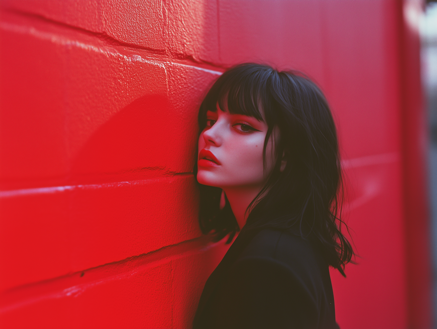 Contemplative Portrait Against Red Wall