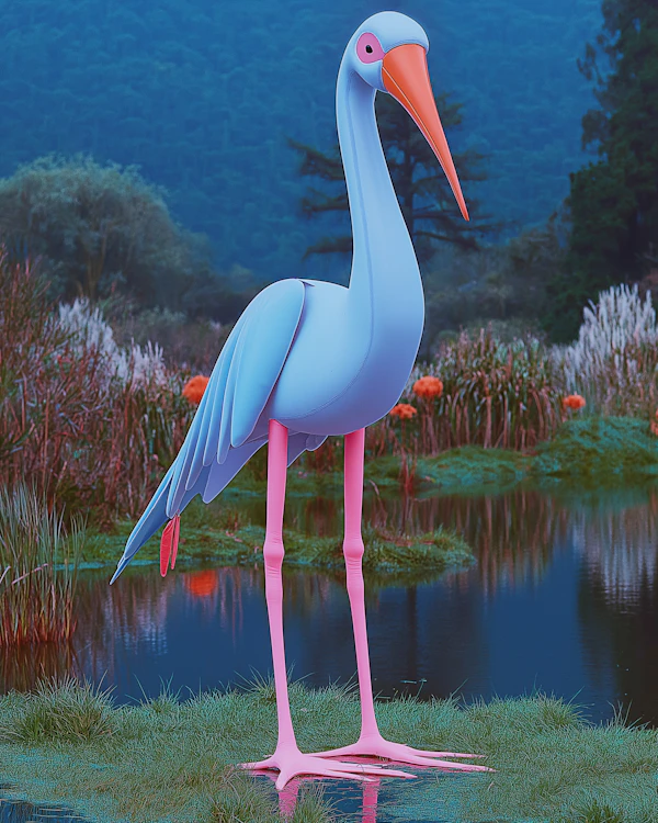Stylized Cartoon Bird in Wetland