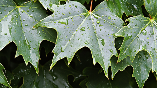 Close-up of Green Maple Leaves with Water Droplets