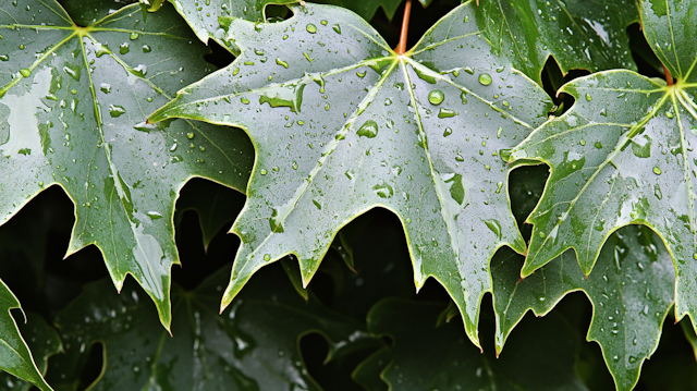 Close-up of Green Maple Leaves with Water Droplets