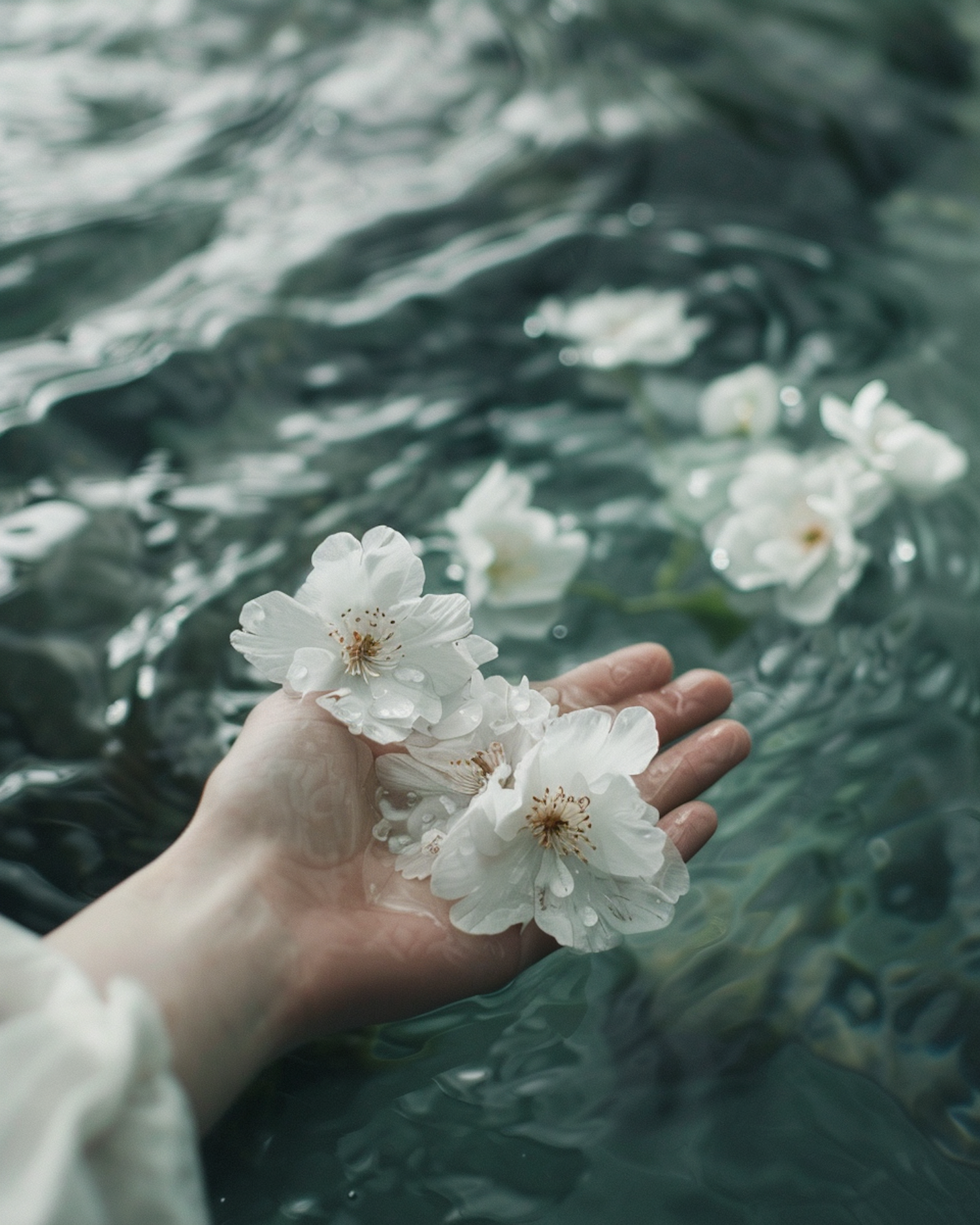 Gentle Hand Holding Cherry Blossoms Above Water