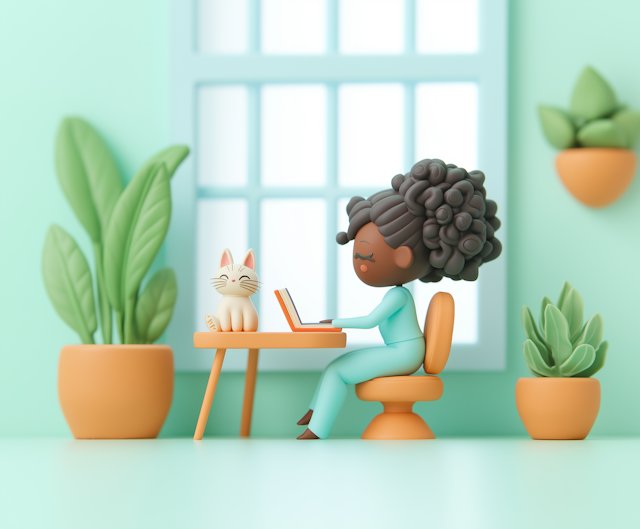 Stylized Illustration of Girl Studying with Cat