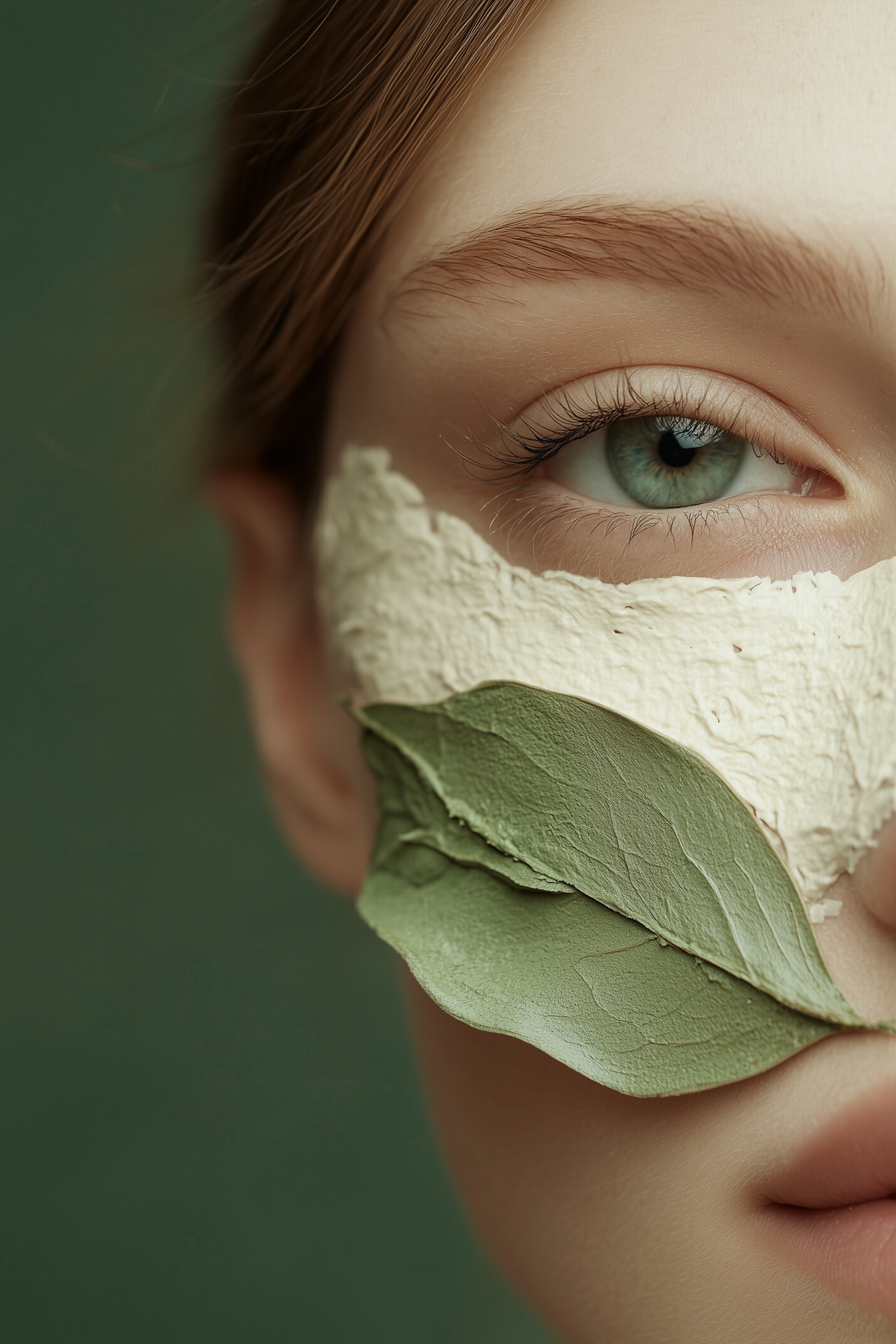 Close-up of Face with Green Eye and Leaf