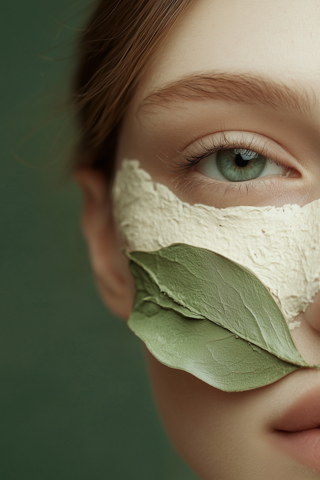 Close-up of Face with Green Eye and Leaf