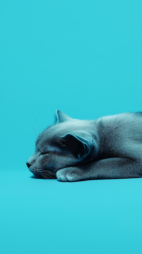 Sleeping Gray Cat on Turquoise Background