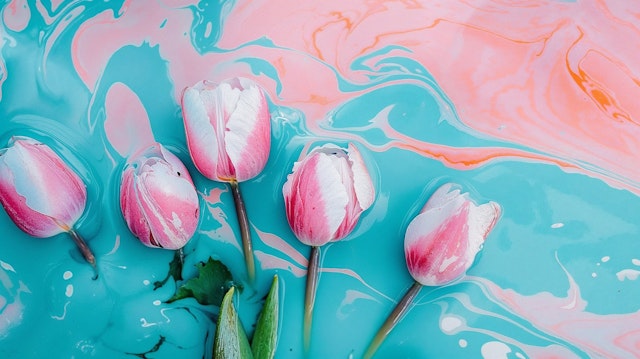 Floating Tulips on Swirling Pattern