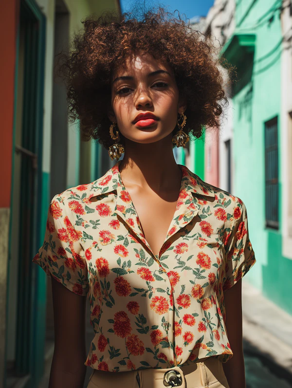Confident Young Woman in Vibrant Alleyway
