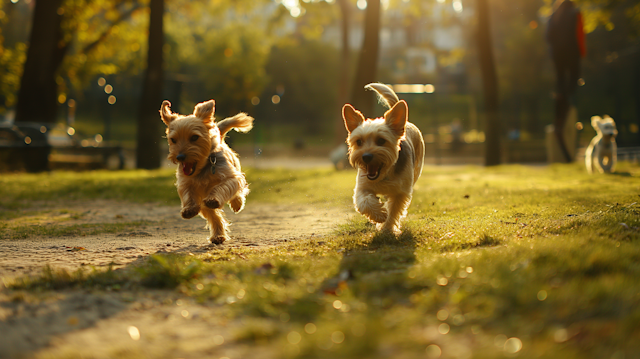 Joyful Terrier Dogs Playing at Sunset