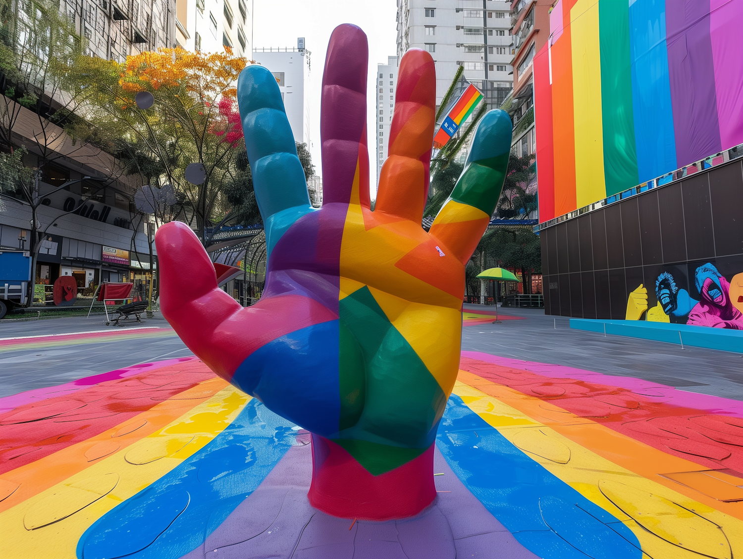 Rainbow Hand Sculpture in Urban Space