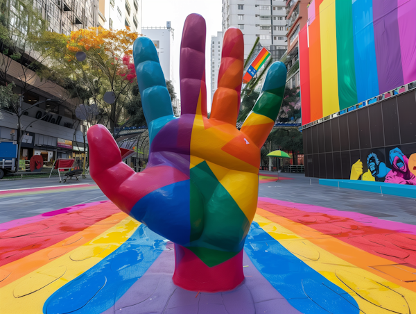 Rainbow Hand Sculpture in Urban Space