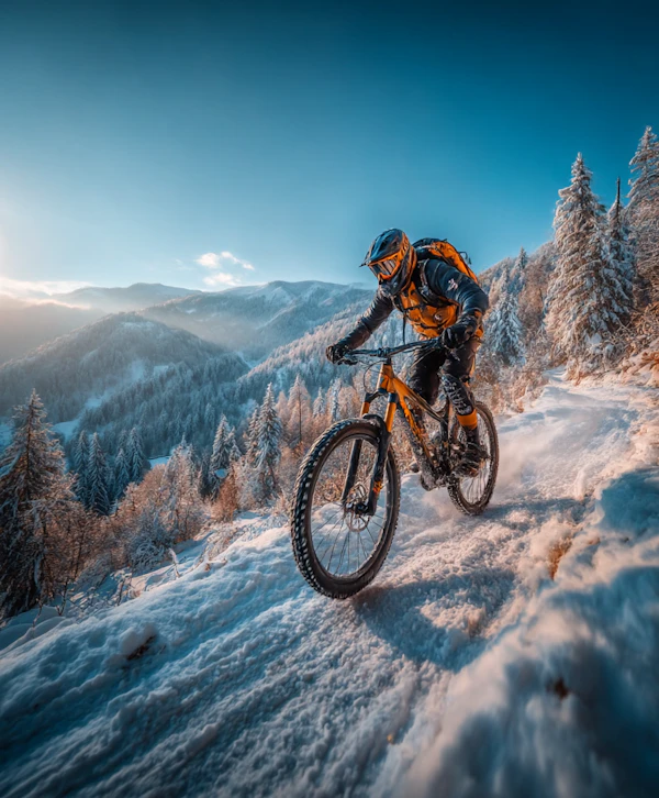Cyclist in Snowy Trail