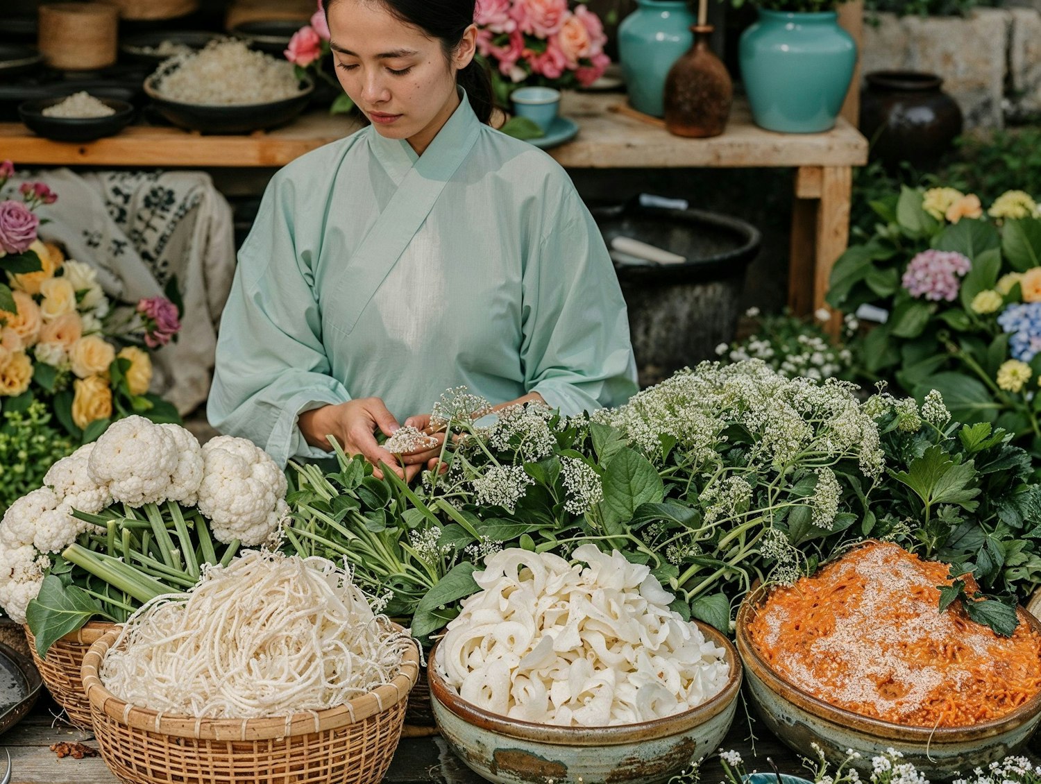 Asian Woman Arranging Vegetables