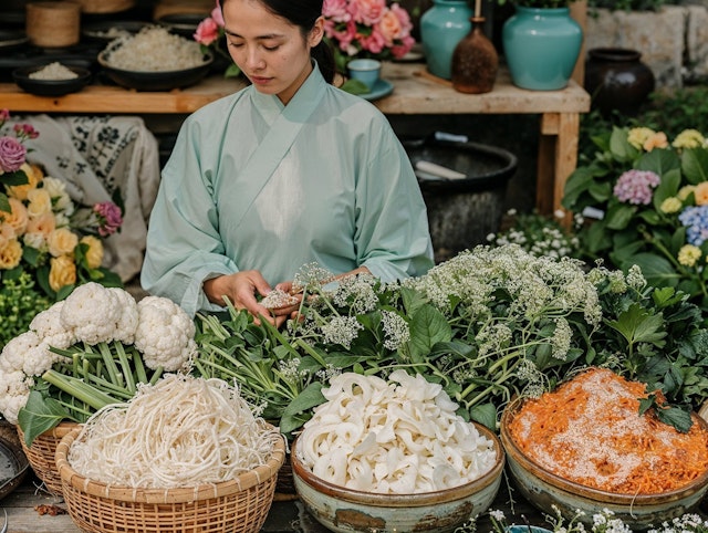 Asian Woman Arranging Vegetables