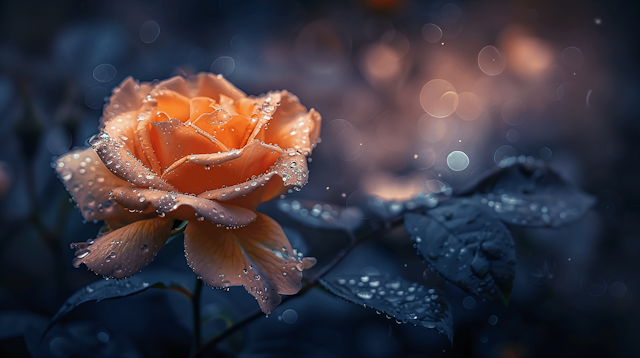 Close-up of Peach-colored Rose with Water Droplets