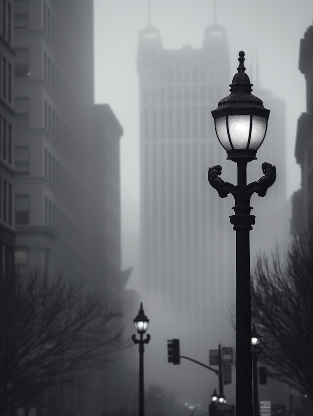 Foggy Urban Landscape with Street Lamp