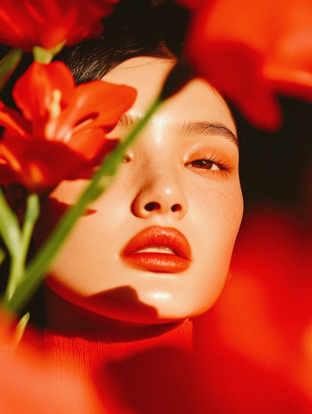 Serene Portrait with Red Flowers