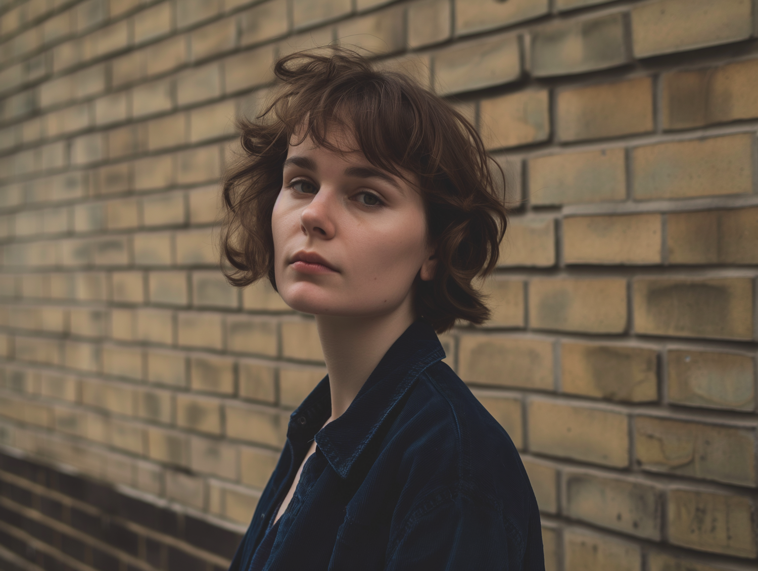 Thoughtful Woman with Brick Wall Backdrop