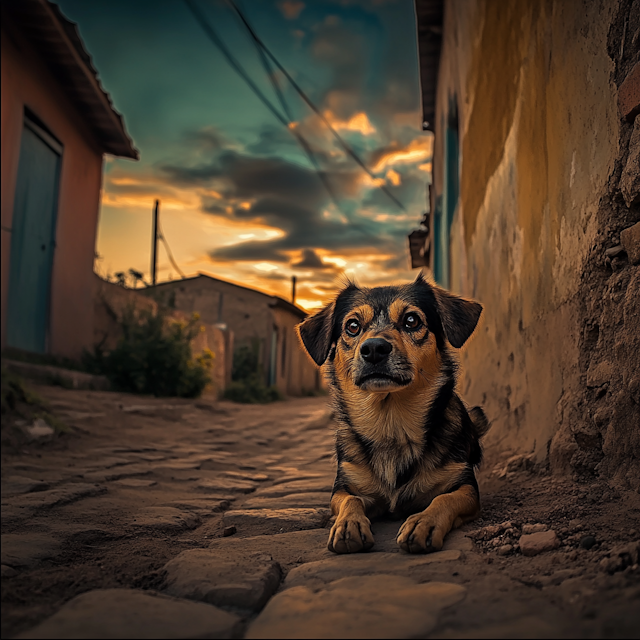 Dog on Cobblestone Street at Sunset