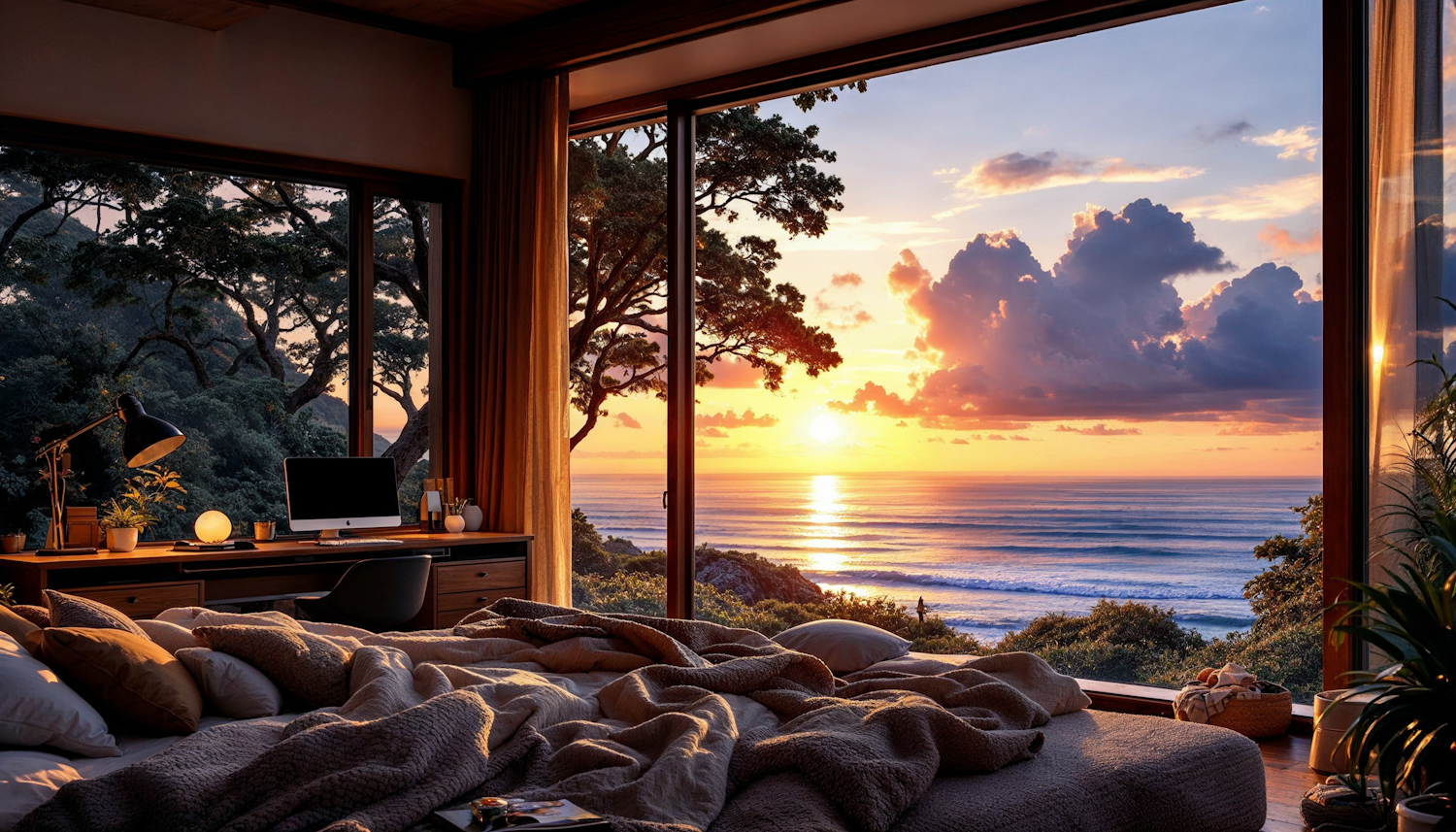 Serene Bedroom with Ocean Sunset View