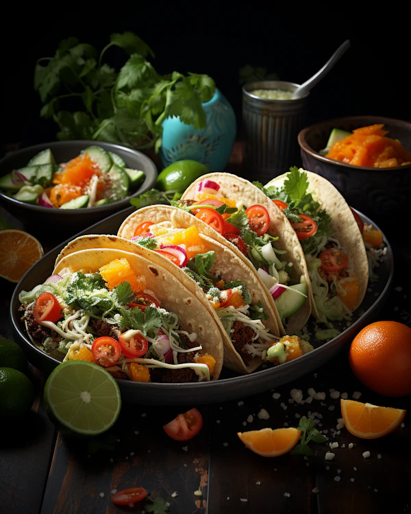 Colorful Gourmet Taco Trio on Dark Plate