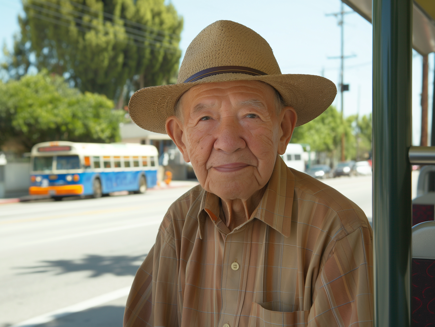 Elderly Man Smiling in a Bus