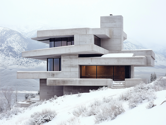 Modern Concrete House in Snowy Mountains