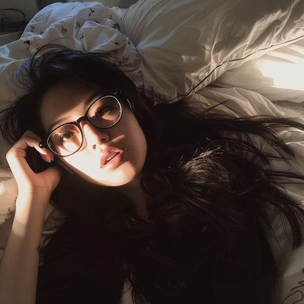 Tranquil Woman in Sunlit Bedroom