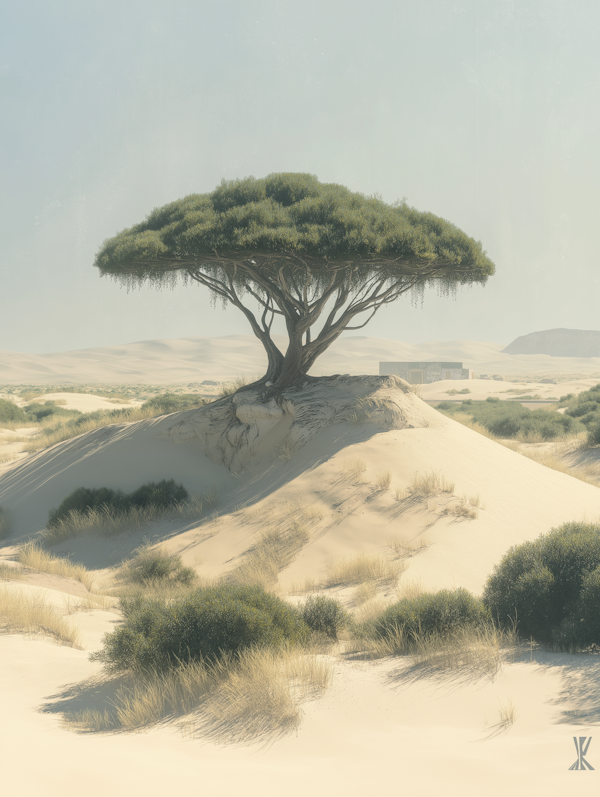 Serene Desert Landscape with Lush Tree