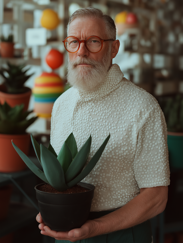 Man with Plant in Greenhouse