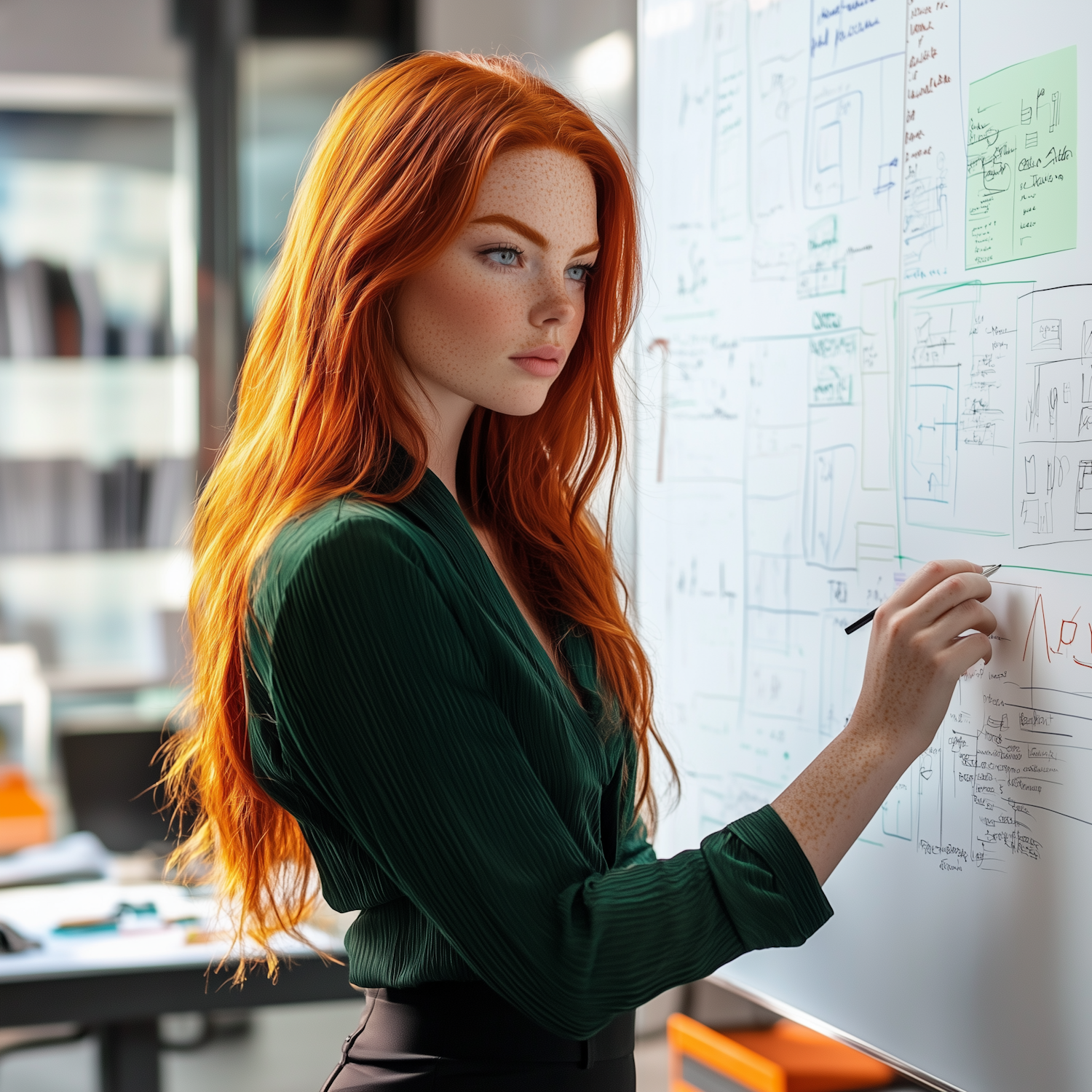 Focused Woman Writing on Whiteboard