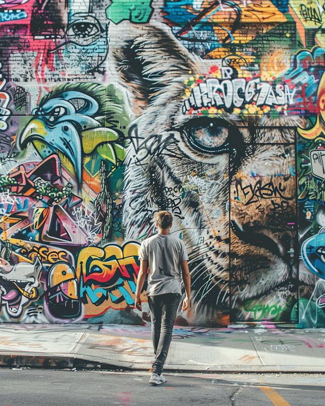 Man Approaching Vibrant Graffiti Art