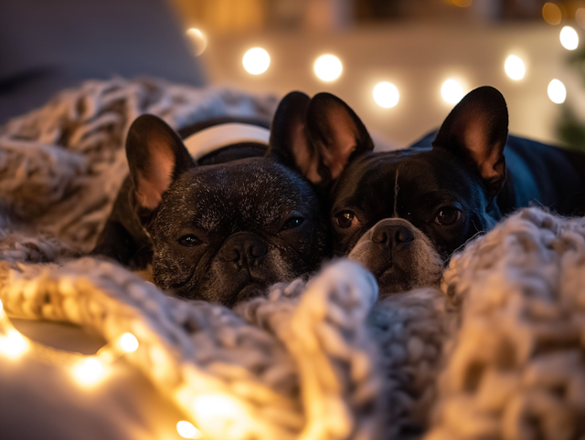 Cozy French Bulldogs on Knitted Blanket