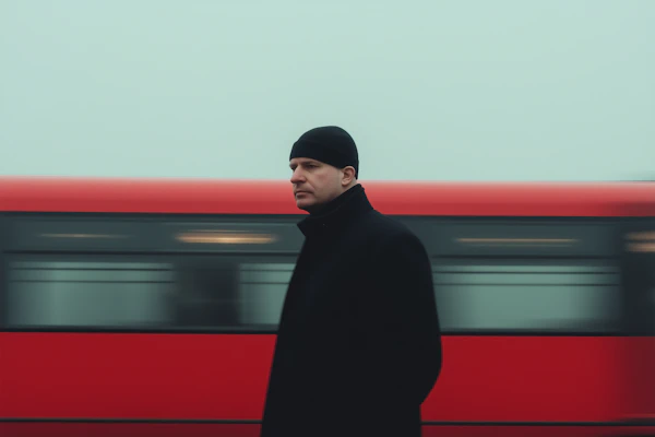 Man in Black Coat with Moving Train