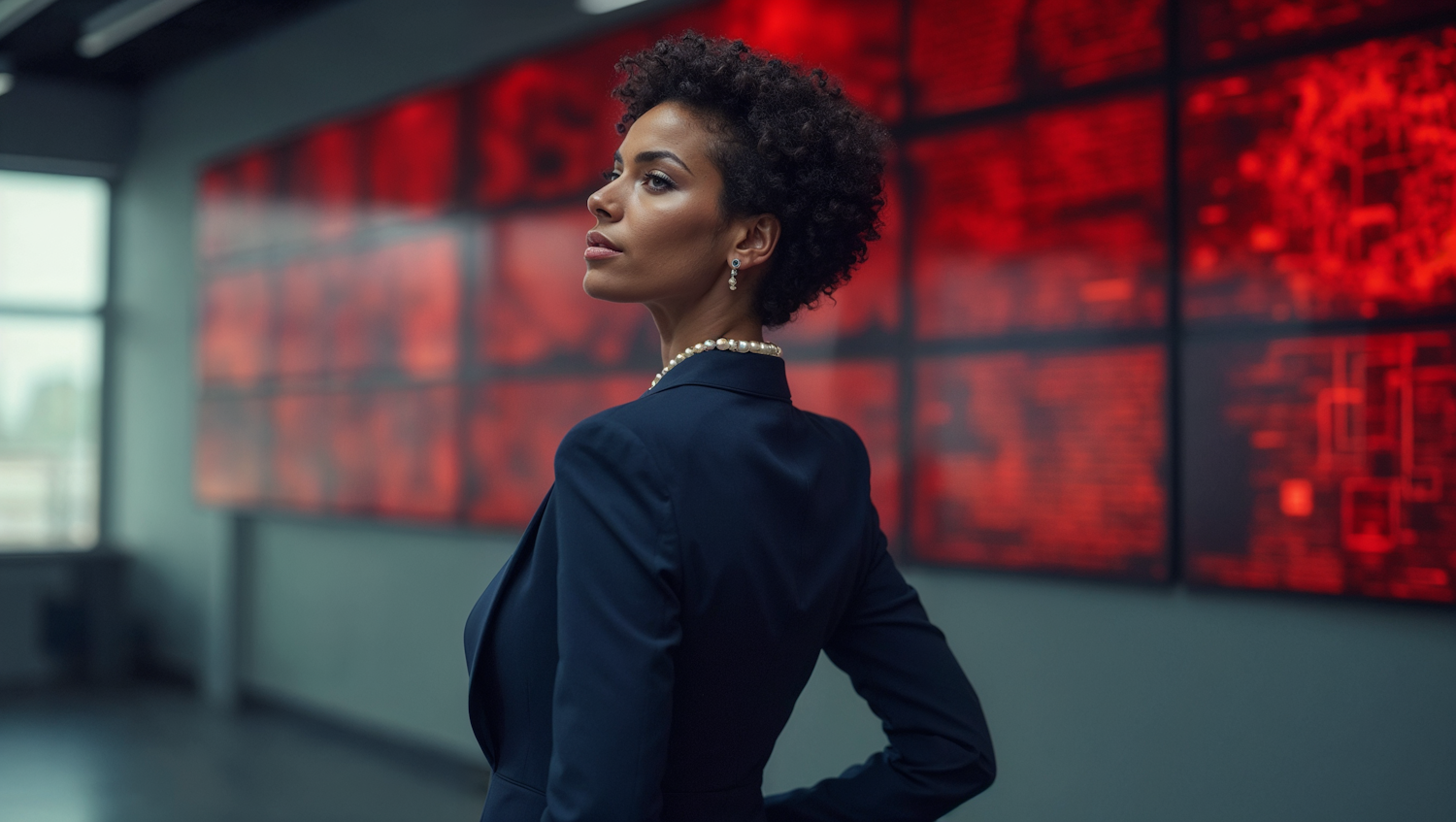 Confident Woman with Red Digital Background