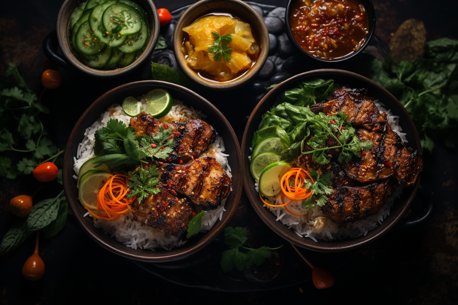 Asian-Style Grilled Meat Rice Bowls with Cucumber Salad and Sauce