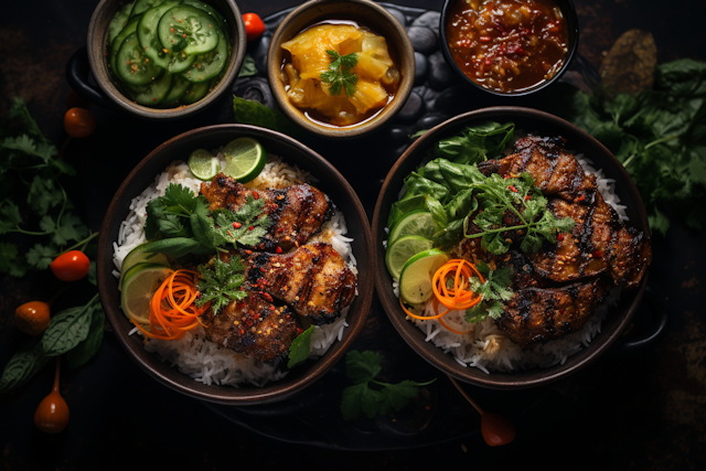 Asian-Style Grilled Meat Rice Bowls with Cucumber Salad and Sauce