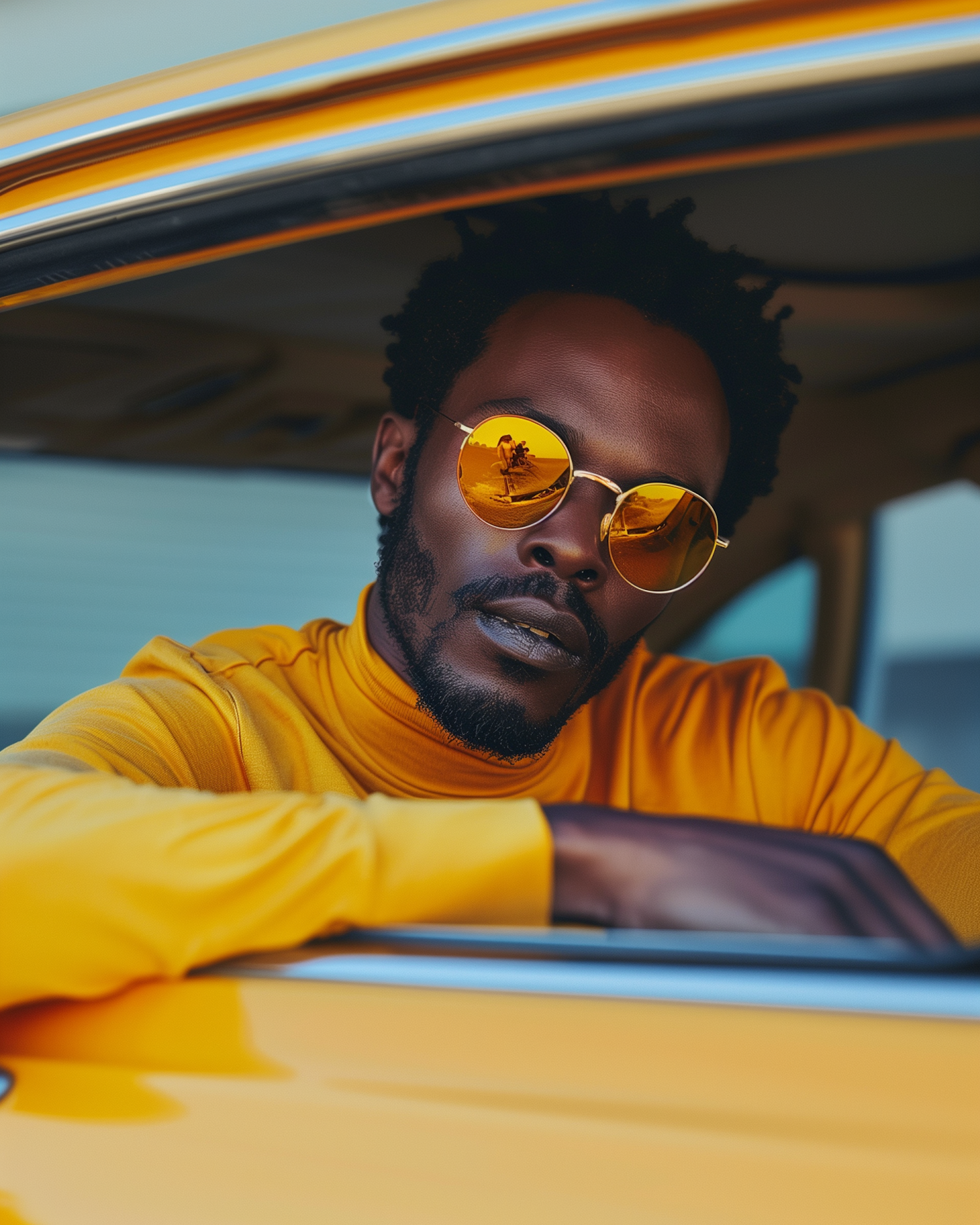 Man in Yellow Turtleneck with Reflective Sunglasses