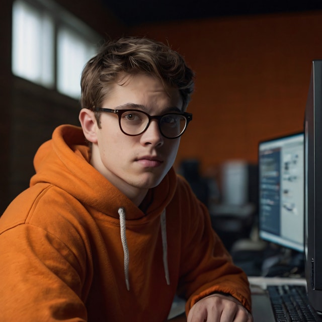 Focused Young Man at Computer