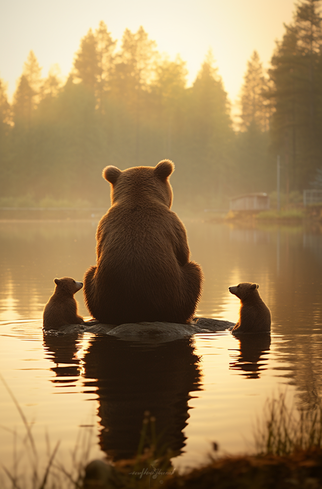 Tranquil Bear Family at Golden Hour