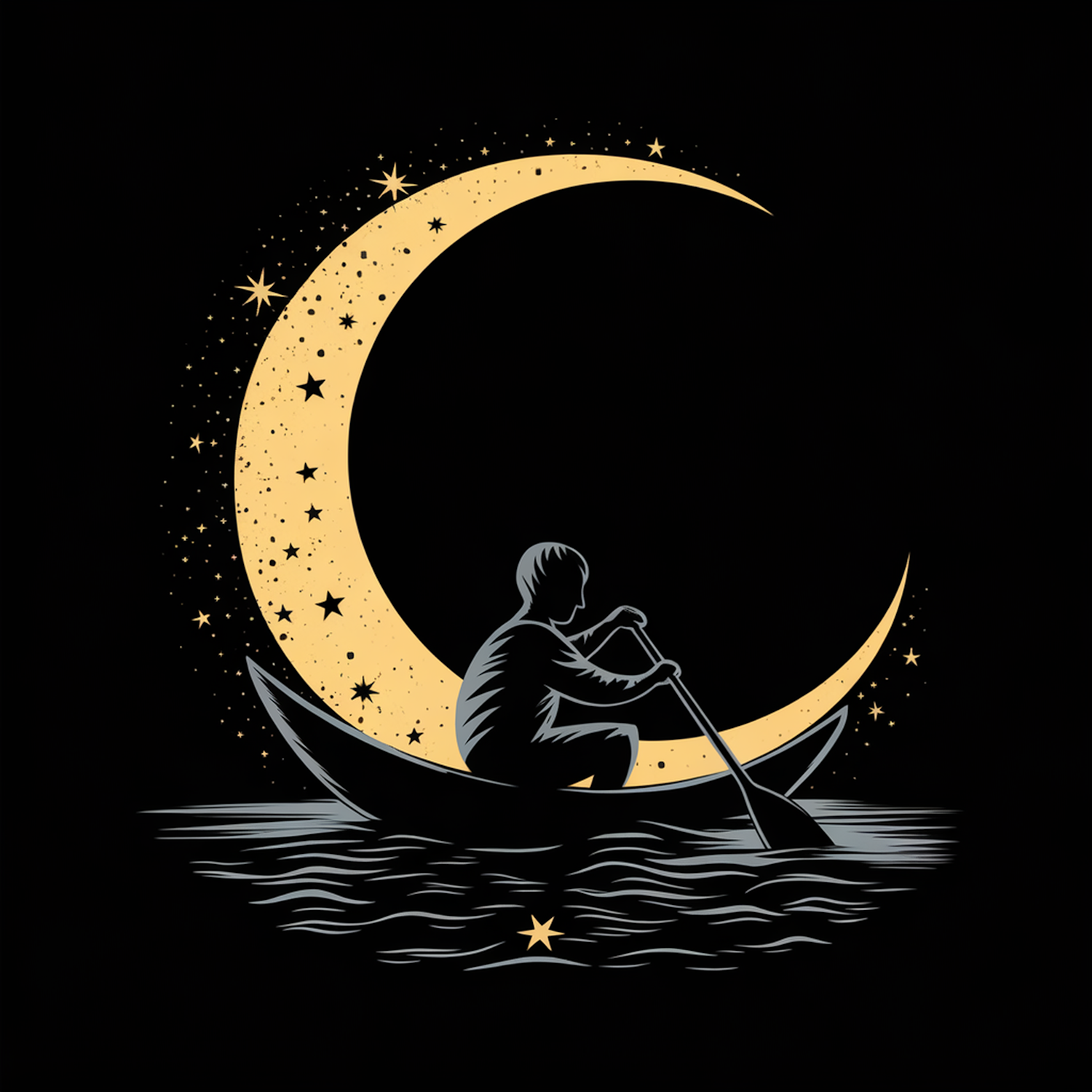 Solitary Canoe Journey Beneath a Crescent Moon