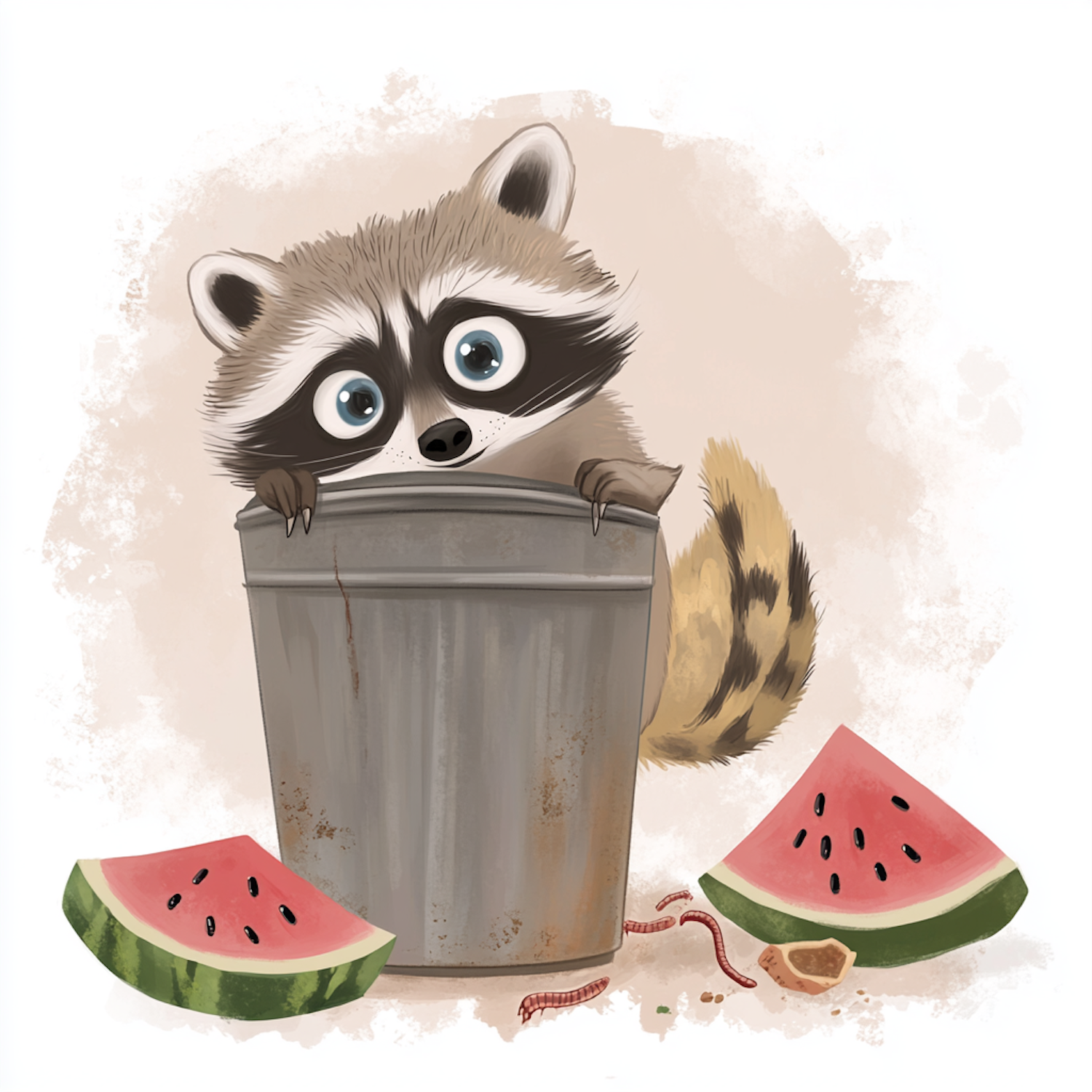 Raccoon in Trash Can with Watermelon