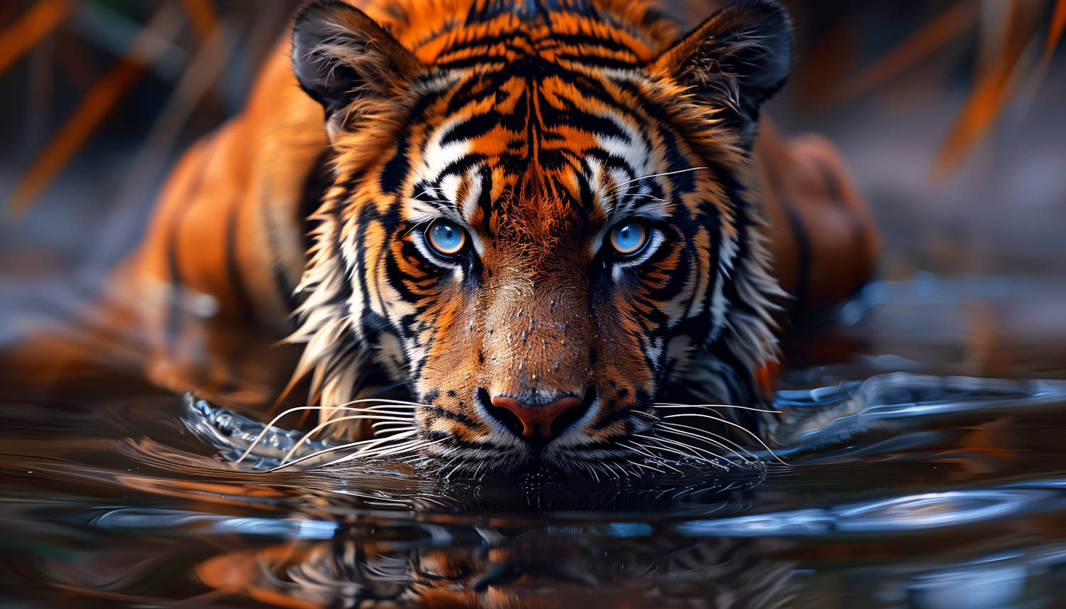 Piercing Blue Eyes of a Submerged Tiger