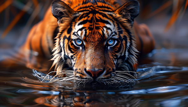 Piercing Blue Eyes of a Submerged Tiger