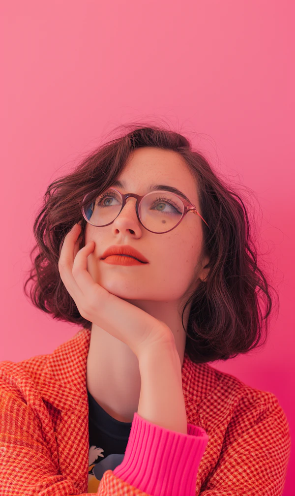 Pensive Young Woman with Houndstooth Blazer