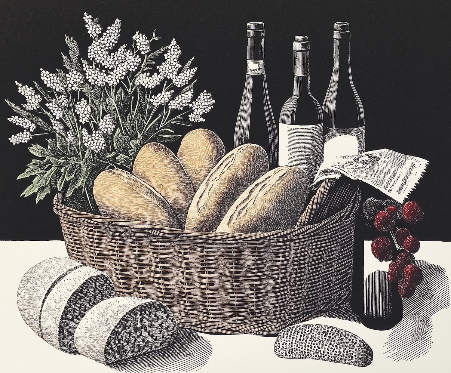 Rustic Still Life with Bread and Wine