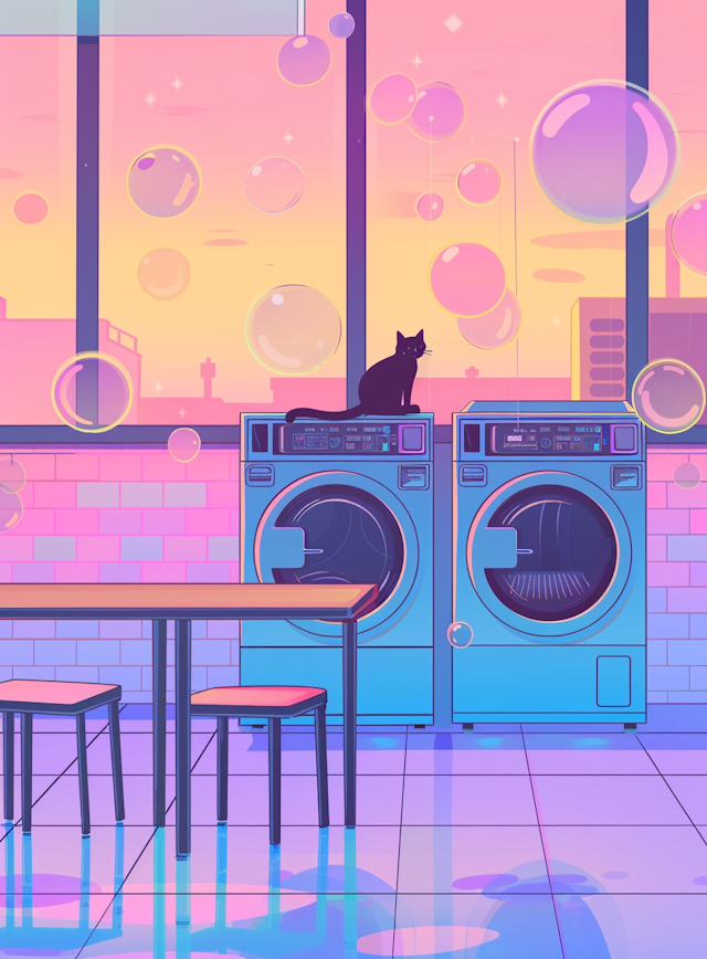 Whimsical Laundromat with Cat