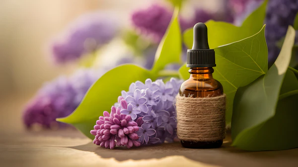 Amber Bottle with Lilacs